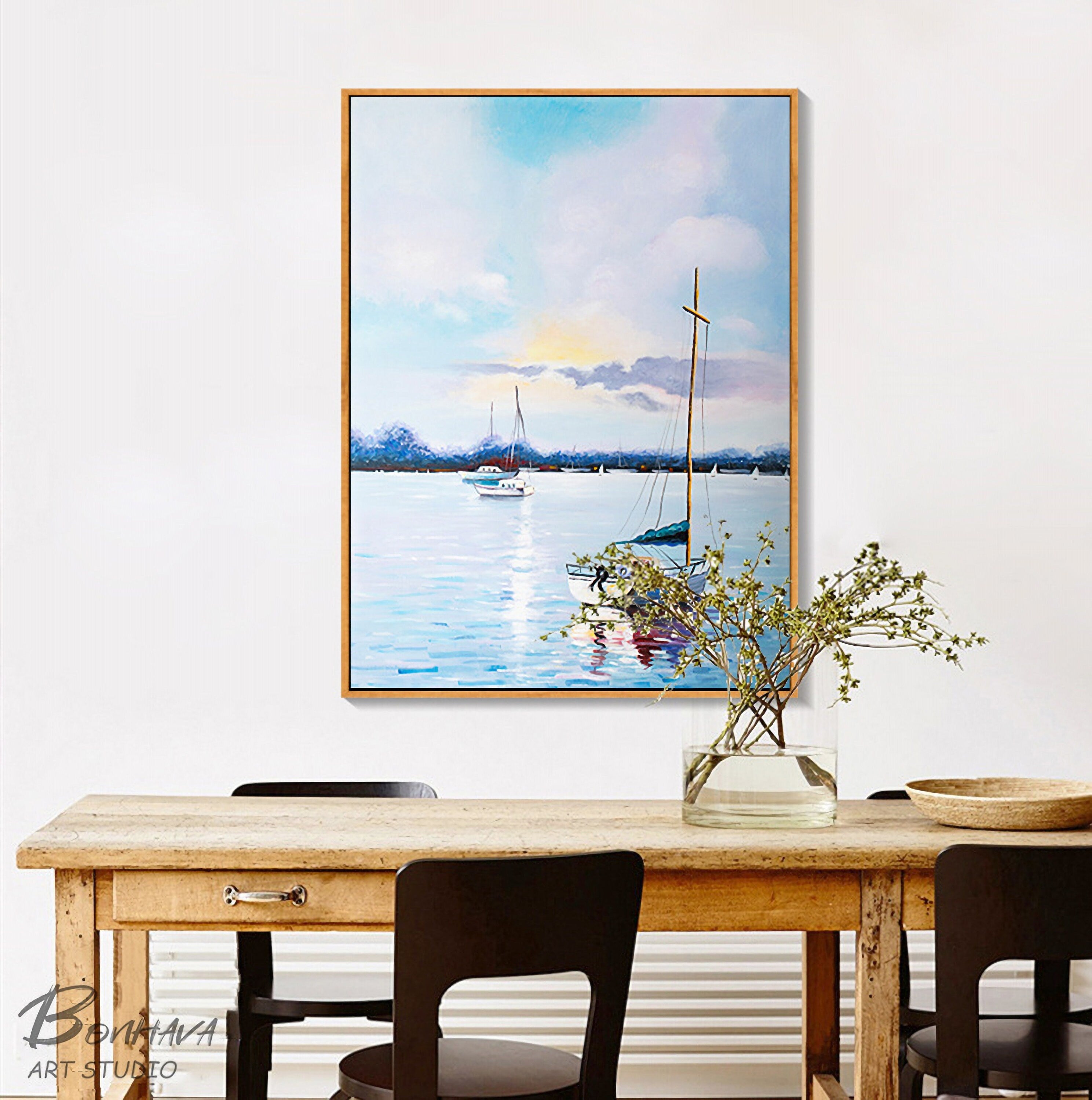 Sailboat Canvas Painting, Abstract Sailing Ship Wall Art, Nautical Artwork for Bedroom