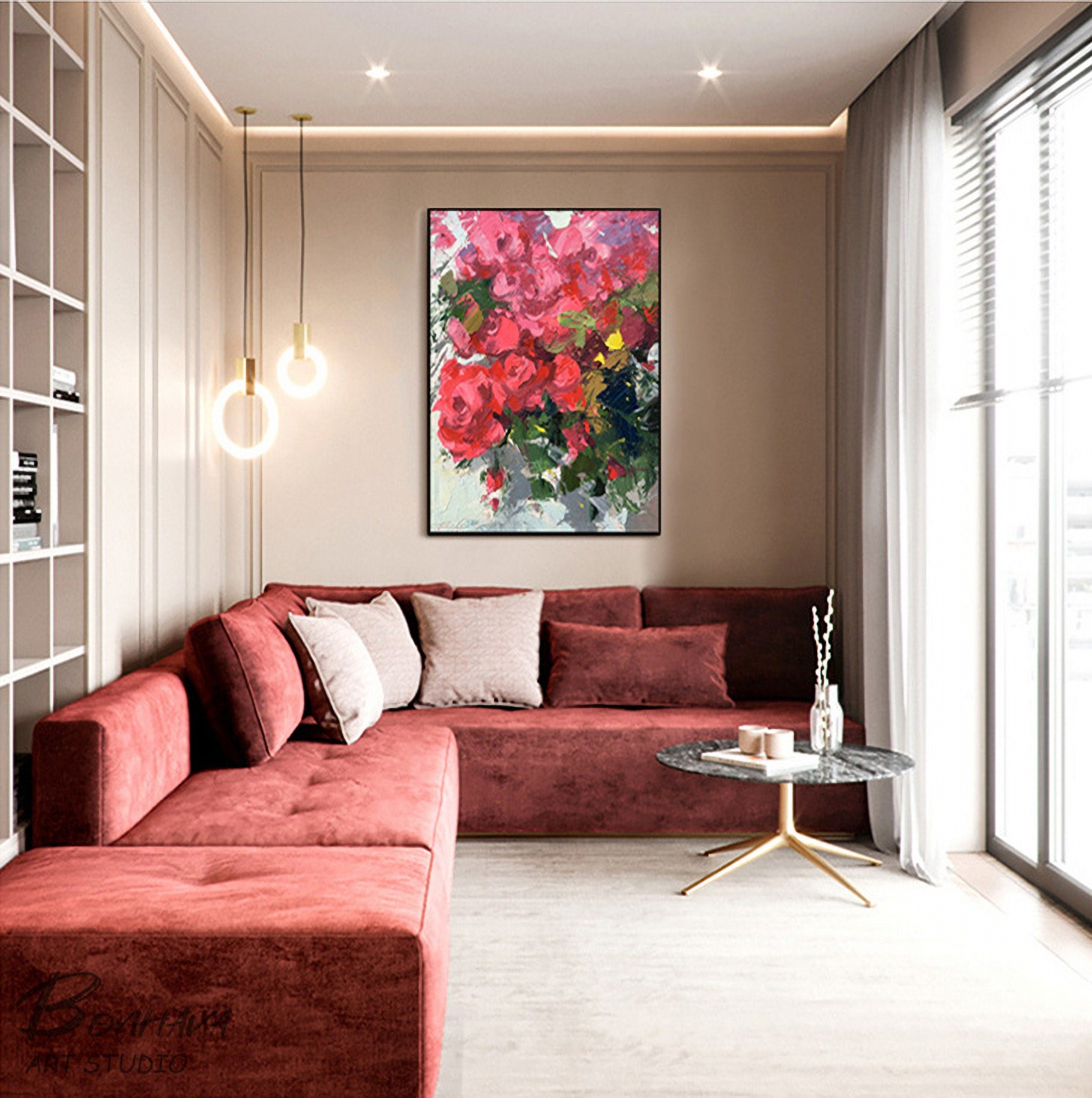 Abstract Rose Flower Canvas Painting, Hand Painted Textured Colorful Floral Artwork, Wall Art for Bedroom