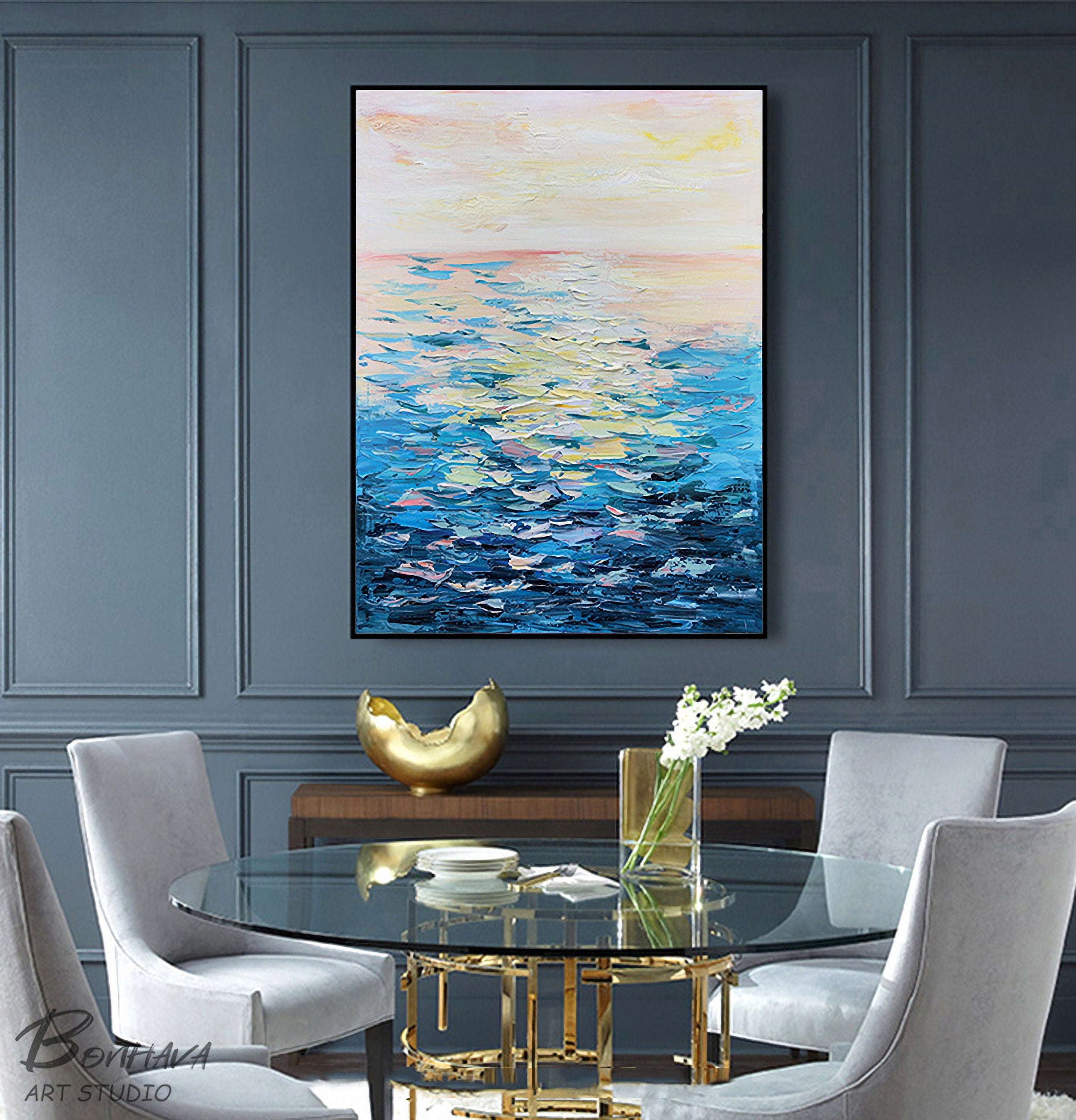 Seascape Abstract Oil Painting,Oil Painting on Canvas, Texture Blue Ocean Scenery Oil Painting, Hand-Painted Abstract Artwork