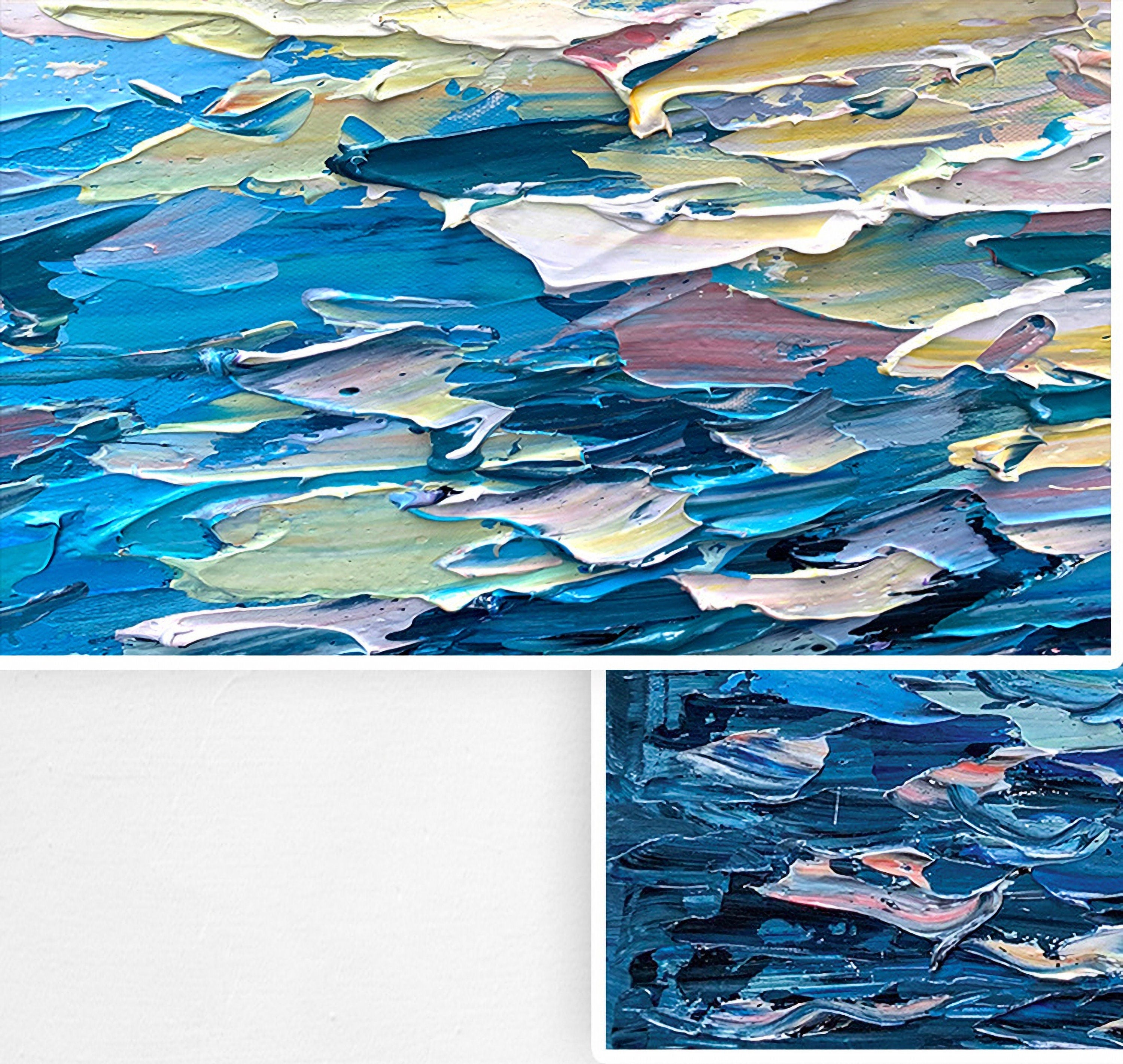 Seascape Abstract Oil Painting,Oil Painting on Canvas, Texture Blue Ocean Scenery Oil Painting, Hand-Painted Abstract Artwork