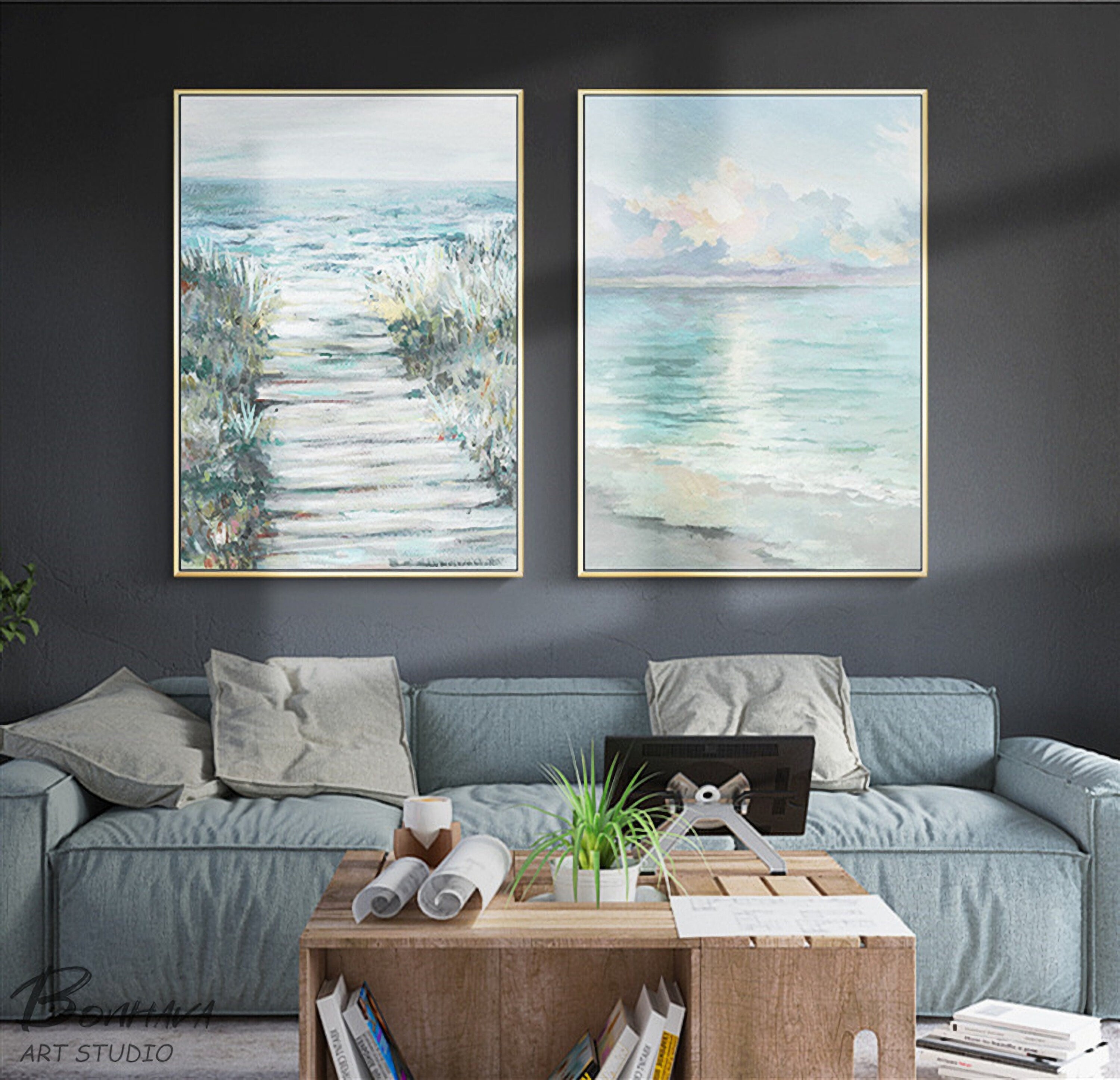 Set of 2 Abstract Ocean Painting, Sea and Sky Oil Painting, Large Painting on Canvas, Original Ocean Art