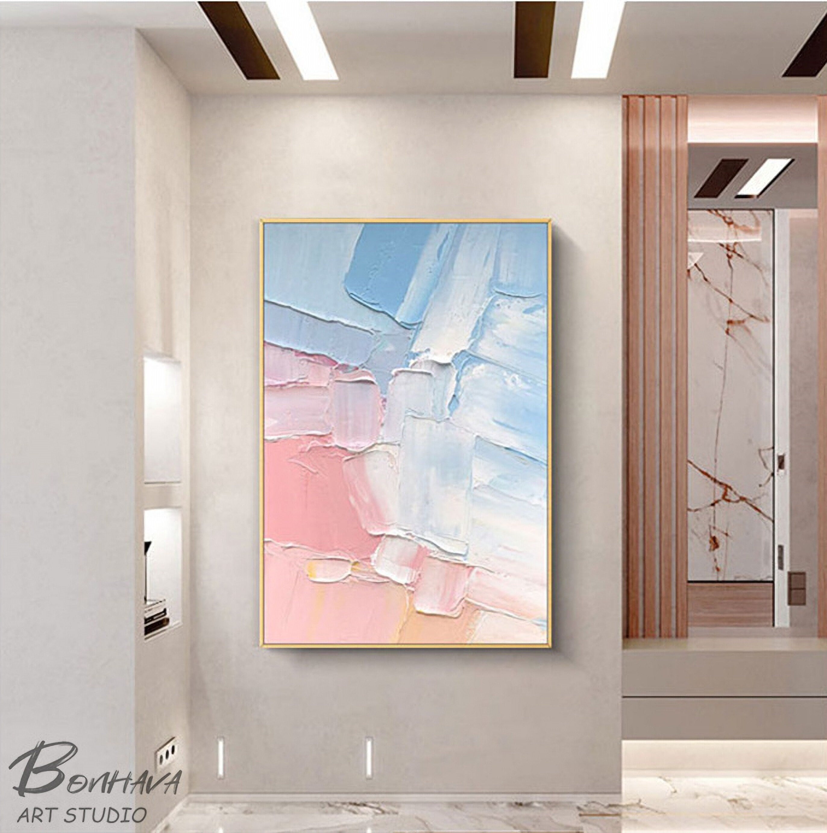Pink and Blue Abstract Painting, Bedroom Wall Decor, Hand-painted Abstract Art, Acrylic Painting on Canvas