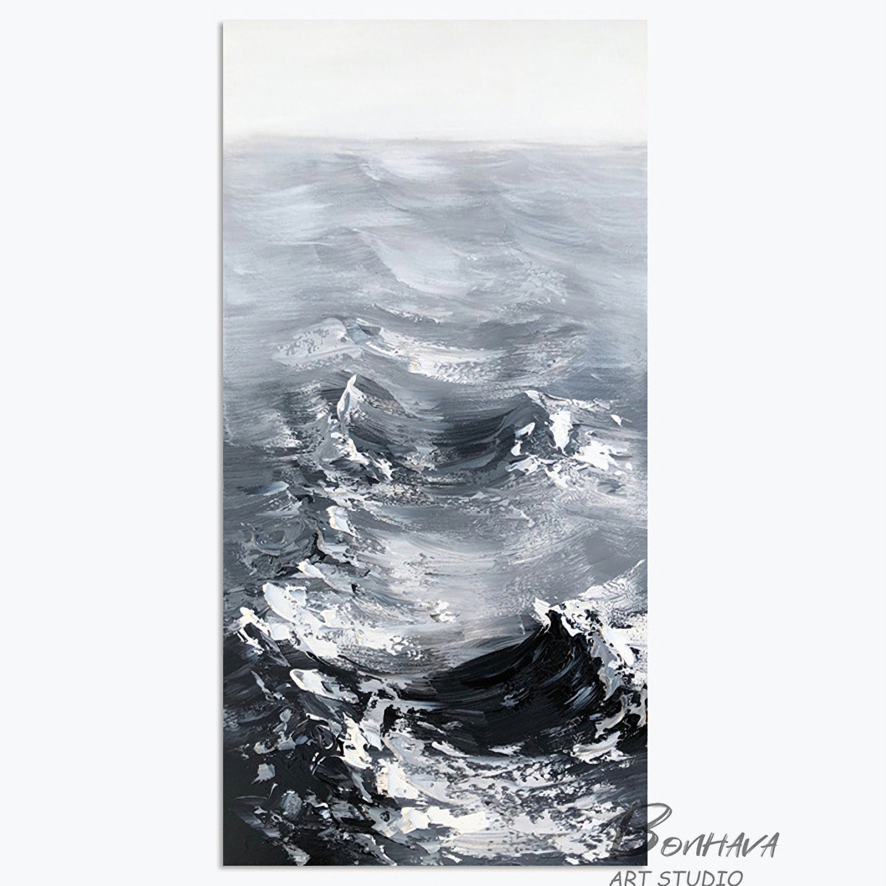 Original Sea Abstract Oil Painting, Waves Texture Painting, Large White and Black Painting, Large Ocean Canvas Painting