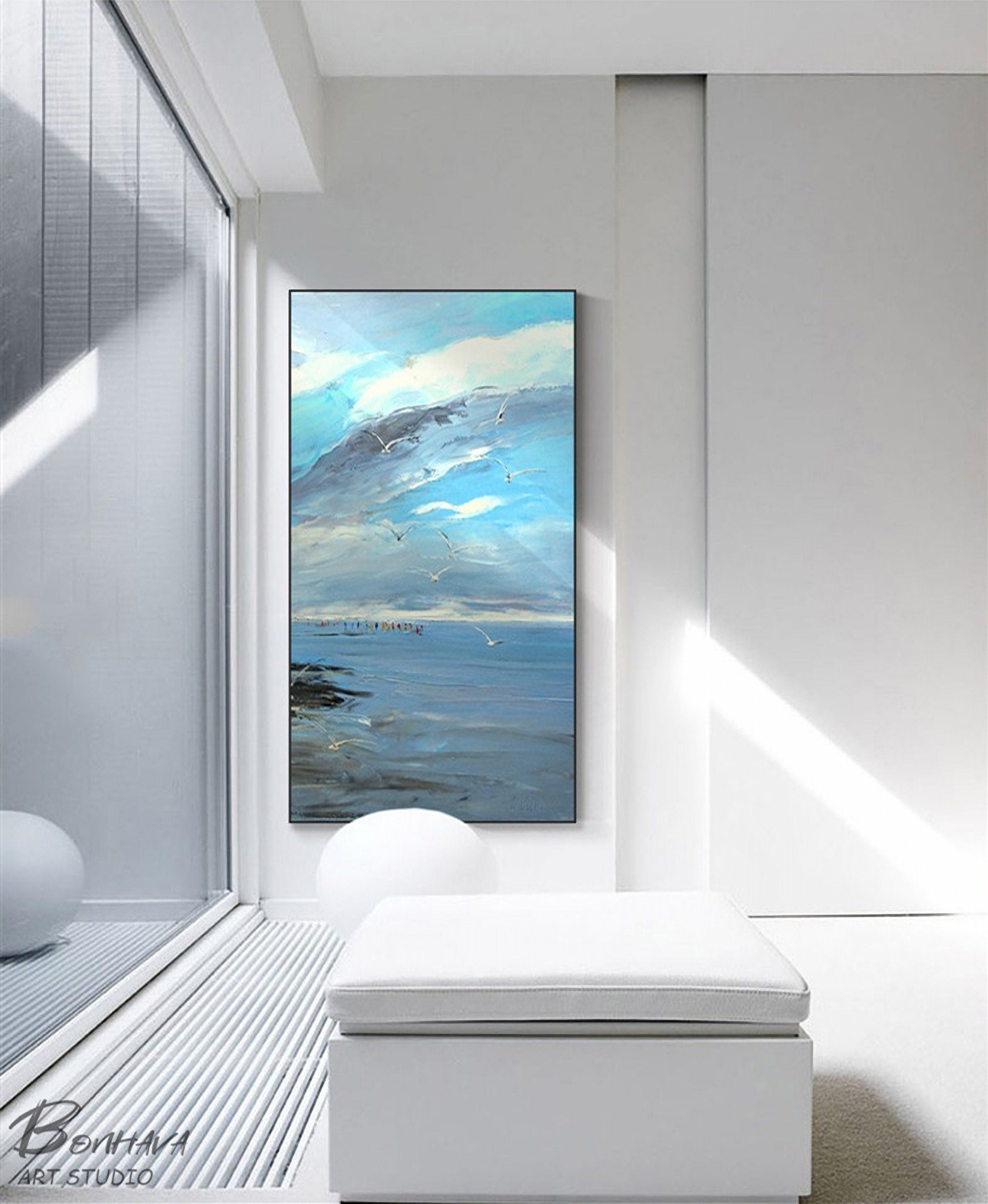 Large Blue Sky And Sea Abstract Painting, Beach Texture Painting, Ocean Canvas Painting, Seagull Oil Painting, Seascape…