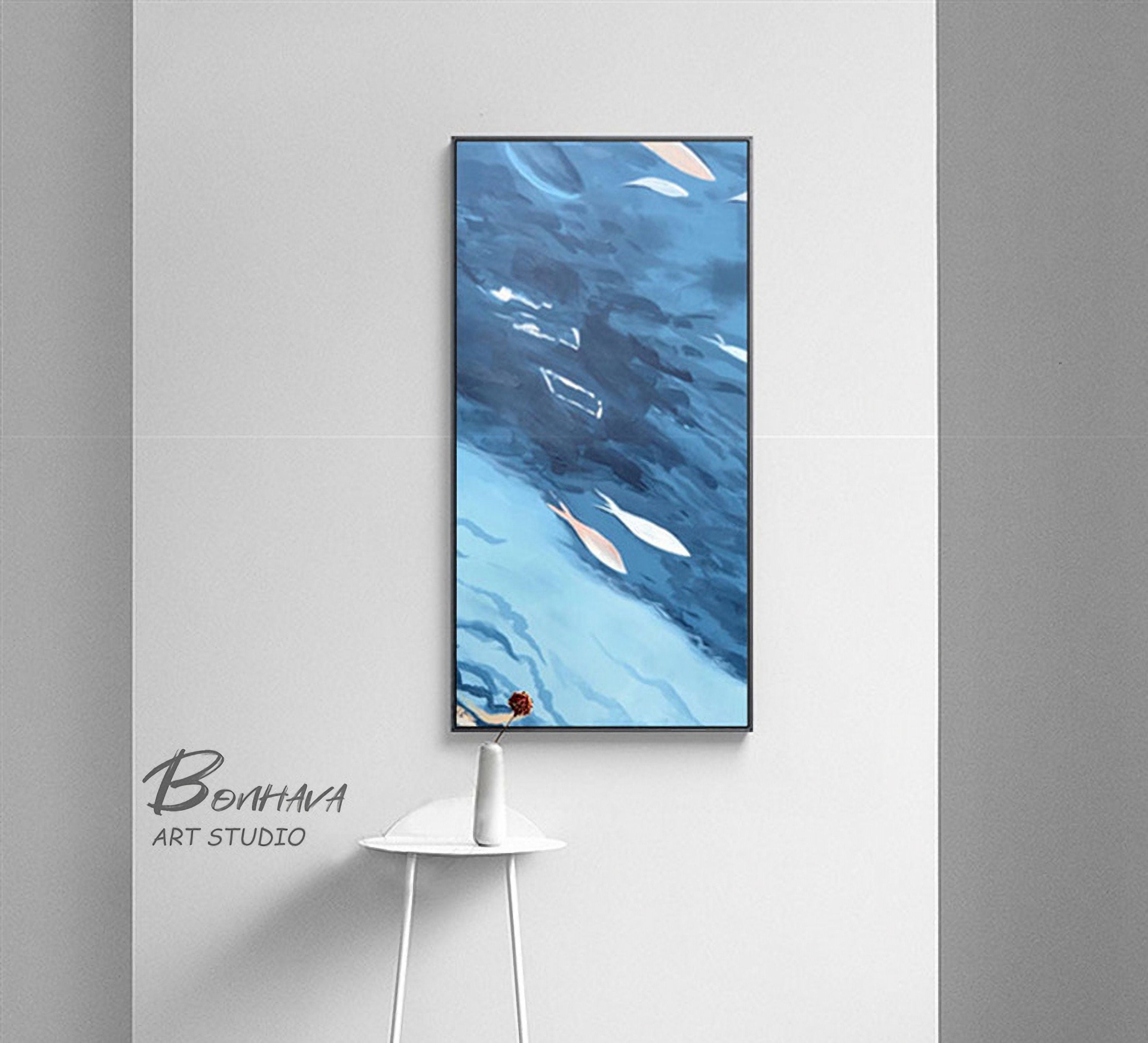 Large Blue Abstract Painting, Swimming fish, Acrylic Painting on Canvas, Original Minimalist Art