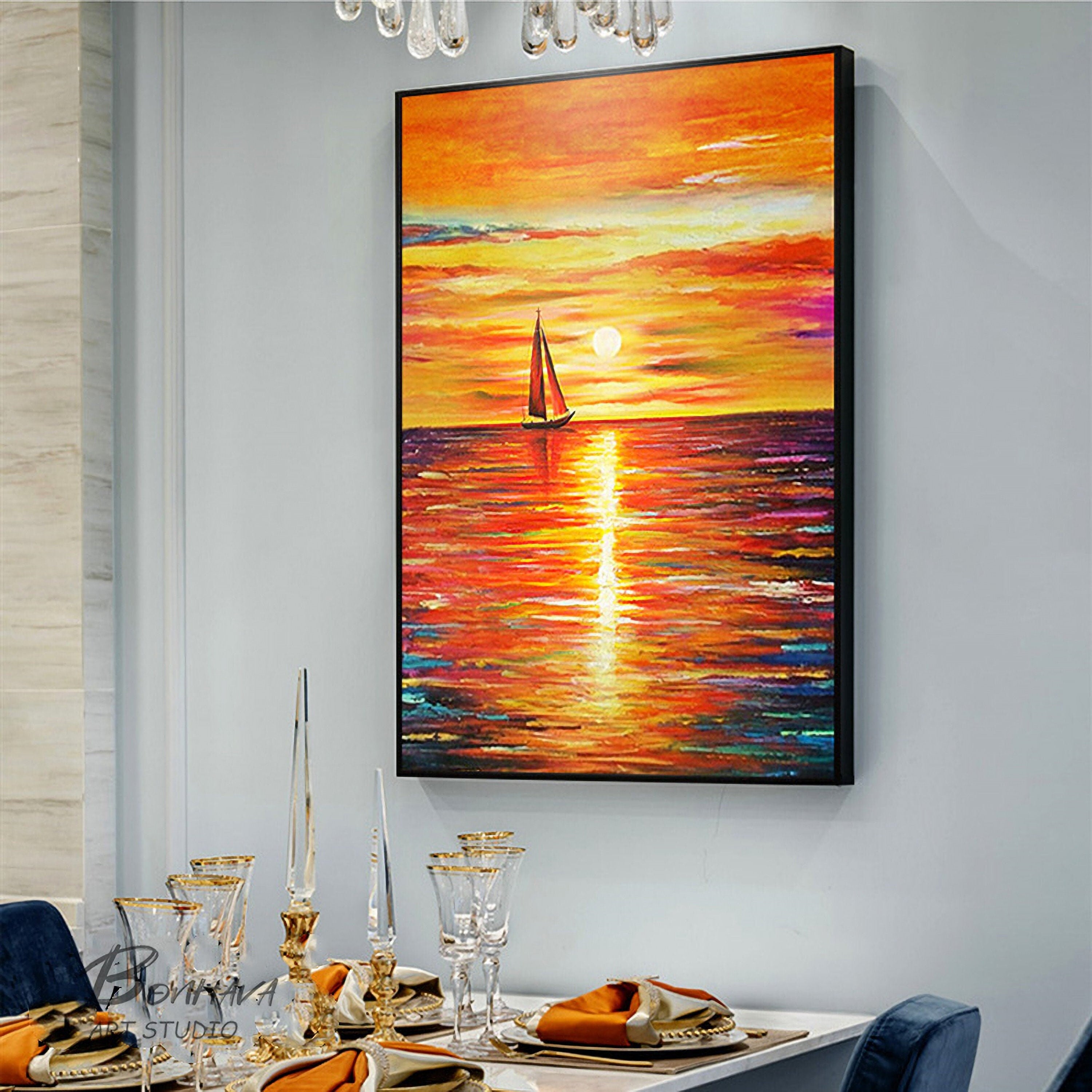 Sunset Abstract Painting, Sky Abstract Painting On Canvas, Orange Sunset Painting, Sea Abstract Canvas Wall Art