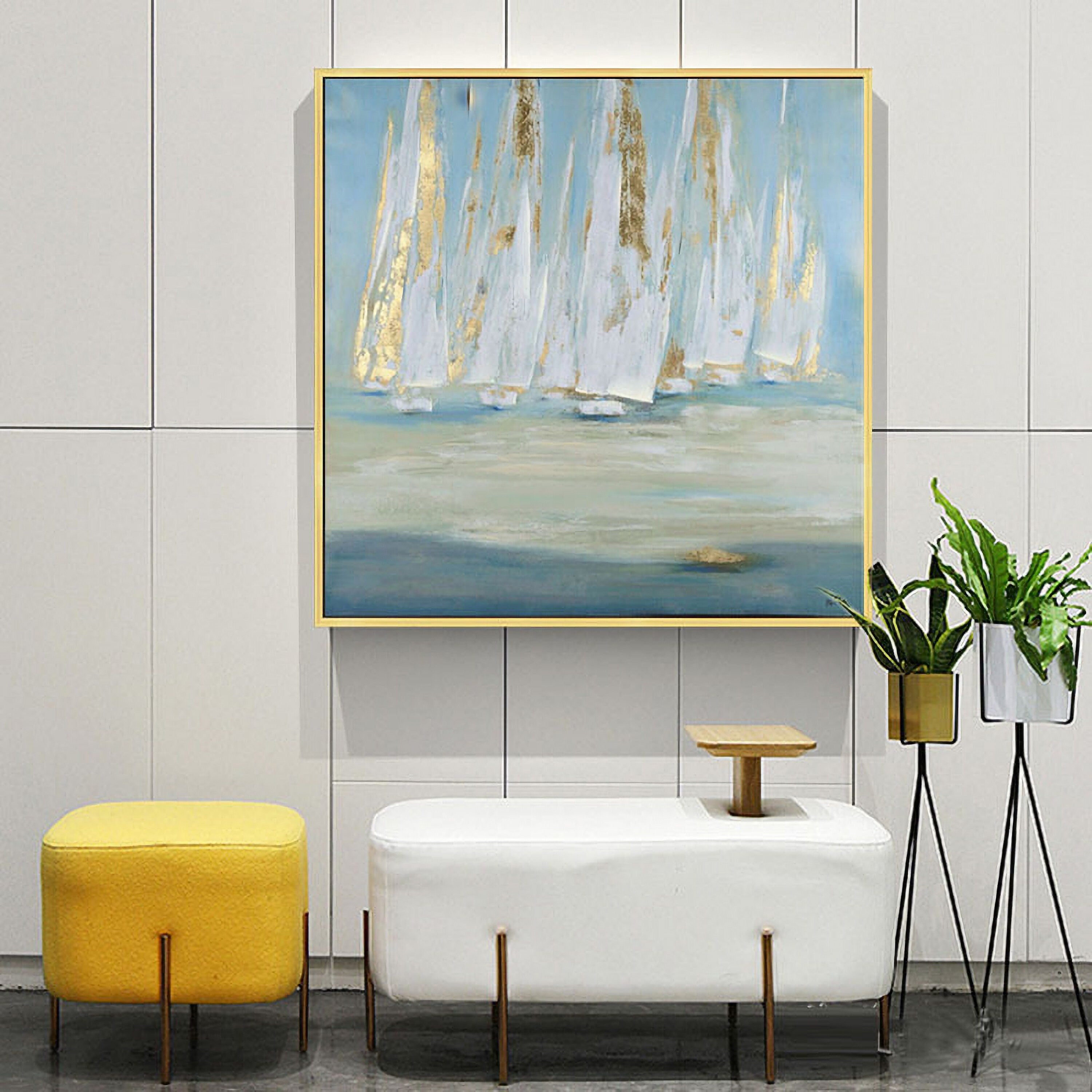 Ocean Sailboat Oil Painting Nautical Canvas Painting Gold Boat Artwork Coastal Painting for Living Room Bathroom Bedroom…