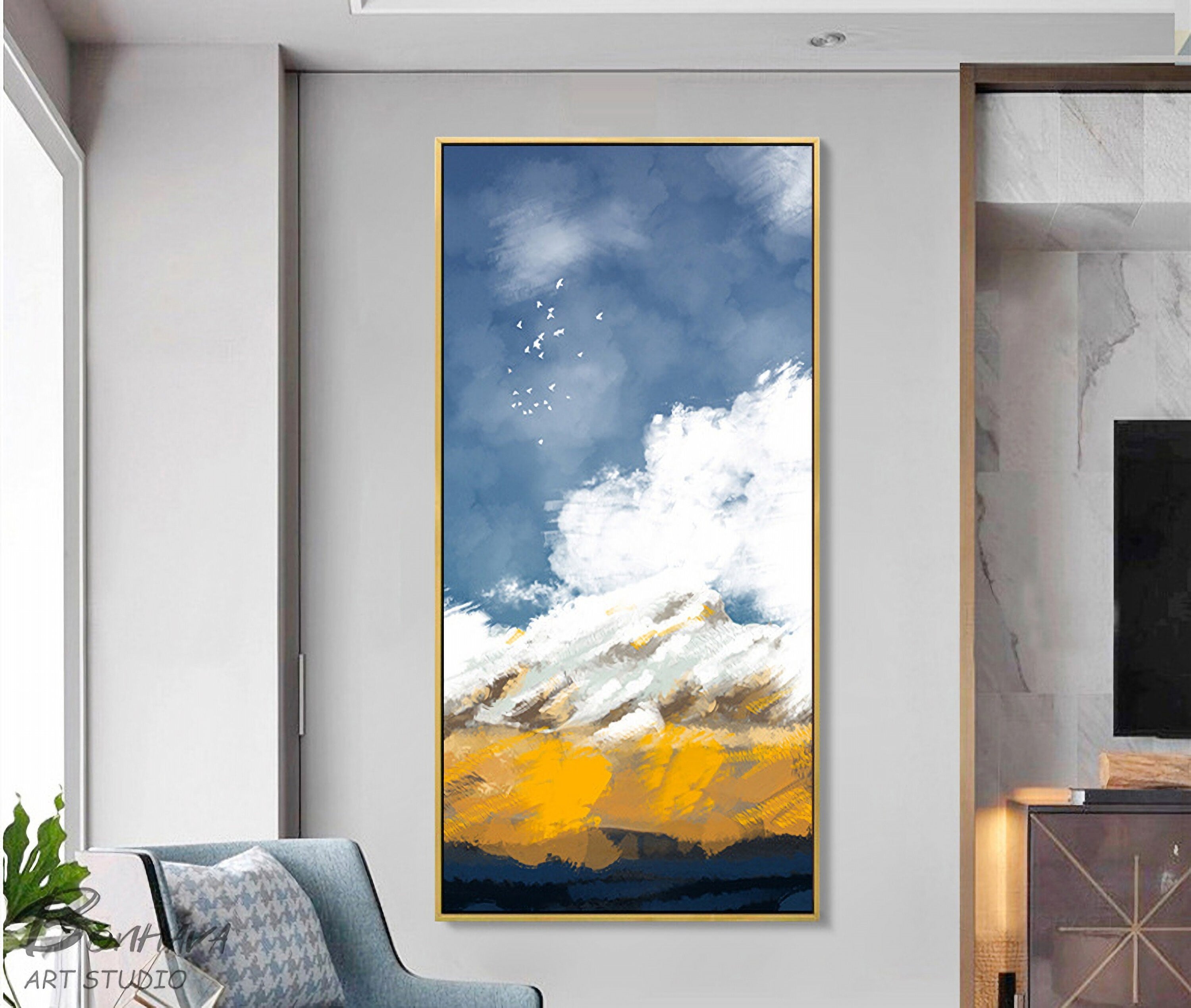 Harvest Land and Sky, Abstract Painting, Blue, White and Yellow