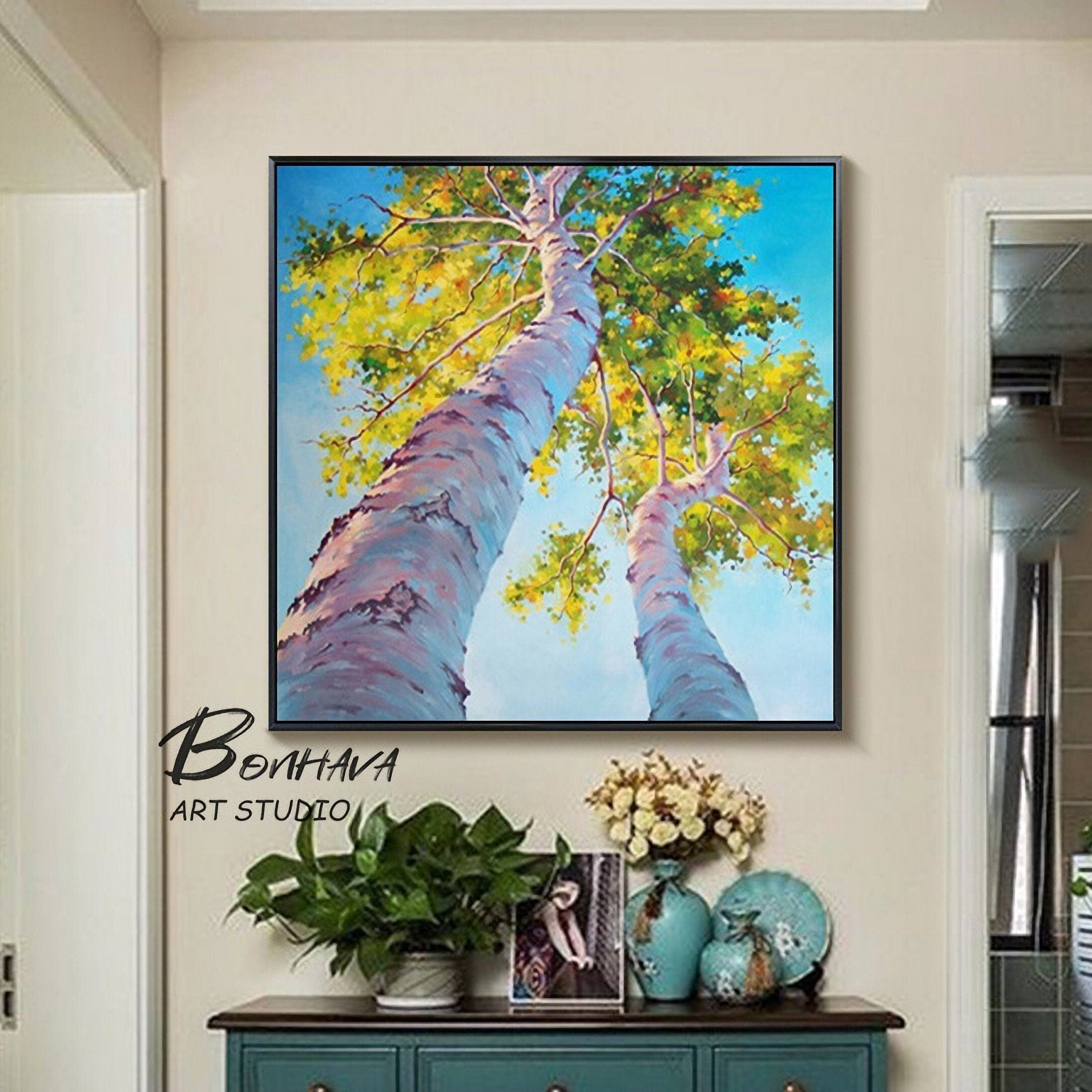 Tree Painting Abstract Wall Art: Green Birch Trees Painting Forest Landscape Artwork for Living Room (24” x 24'')