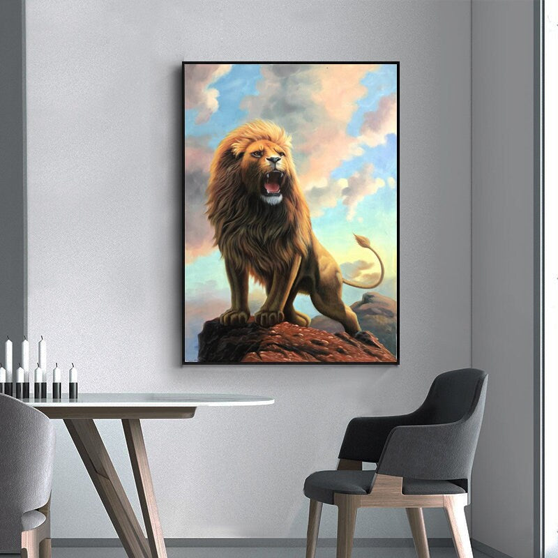 Original Lion Oil Painting, Roaring Lion Painting on Canvas, Animal Portrait Wall Art, 24*36 inches