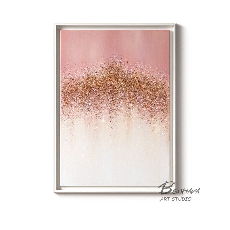 Pink Gold Painting, Abstract Glitter Canvas Wall Art, Abstract Oil Painting, Large Gold and White Painting
