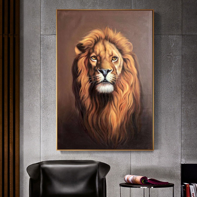 Animal Painting on Canvas, Original Lion Oil Painting, Lion Canvas Wall Art, Realistic Lion Artwork, 60*90cm