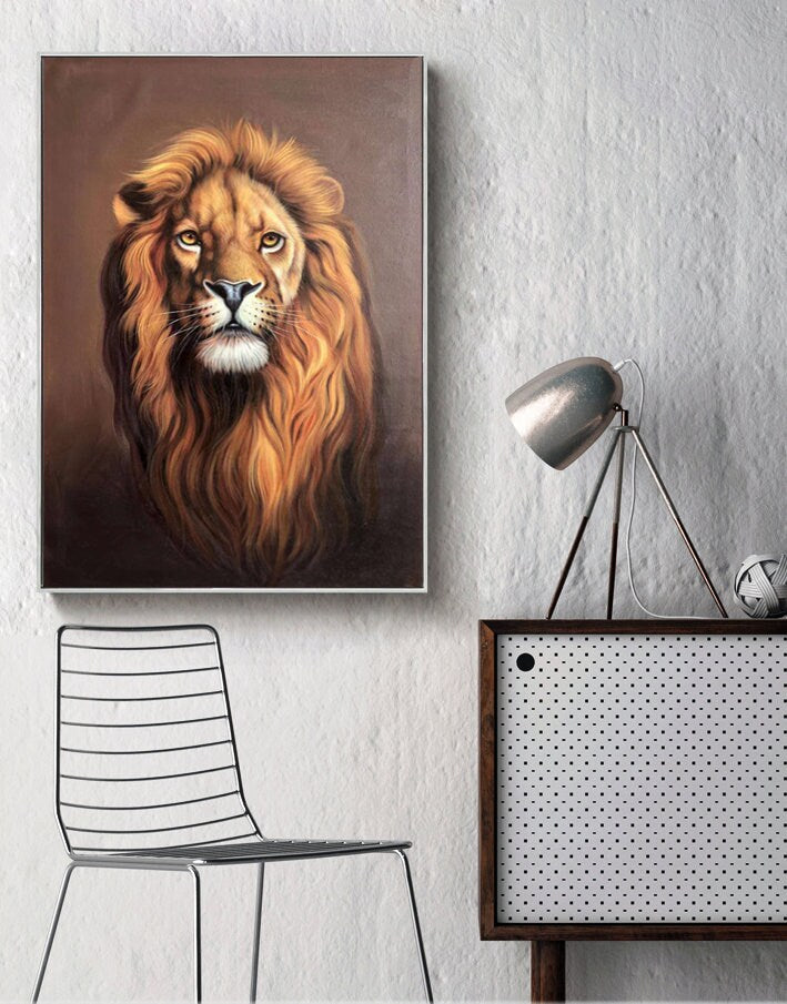 Animal Painting on Canvas, Original Lion Oil Painting, Lion Canvas Wall Art, Realistic Lion Artwork, 60*90cm