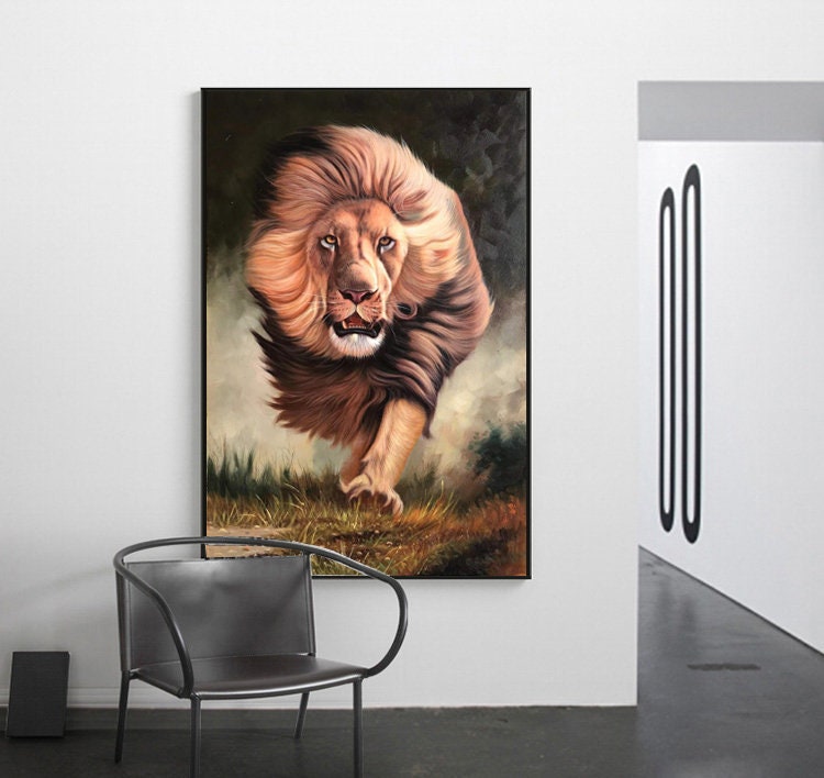 Original Animal Oil Painting, Running Lion Painting, Lion Canvas Wall Art, Animal Paintings on Canvas, 24*36 inches