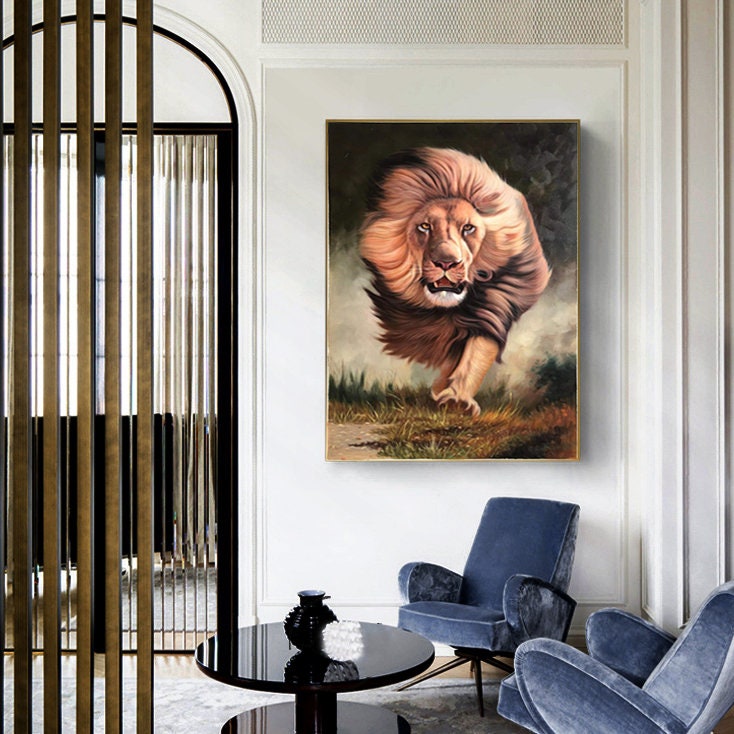 Original Animal Oil Painting, Running Lion Painting, Lion Canvas Wall Art, Animal Paintings on Canvas, 24*36 inches