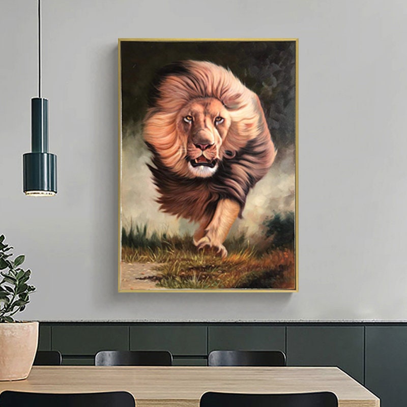 Original Animal Oil Painting, Running Lion Painting, Lion Canvas Wall Art, Animal Paintings on Canvas, 24*36 inches