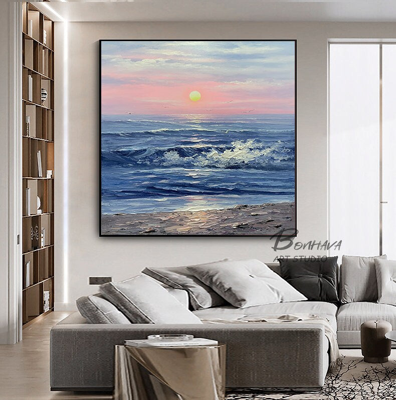 Seascape Acrylic, Ocean Wall Art, Sunset Painting Abstract Modern, Large Original Oil Painting, Oversized Abstract Textured…