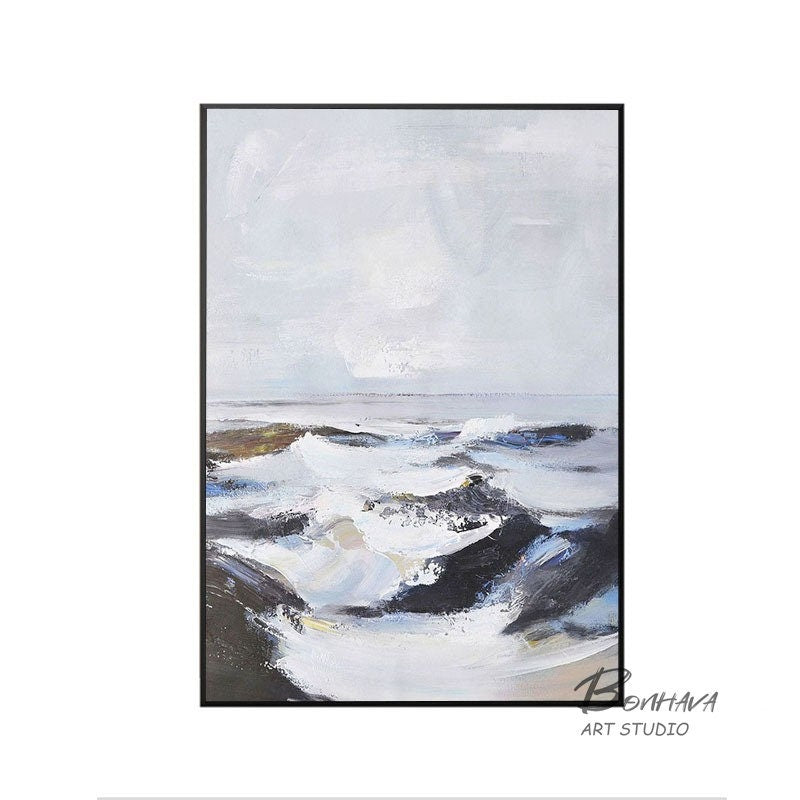 Large Ocean Waves Painting, Black and White Abstract Ocean Painting, Ocean Canvas Painting, Abstract Canvas Wall Art