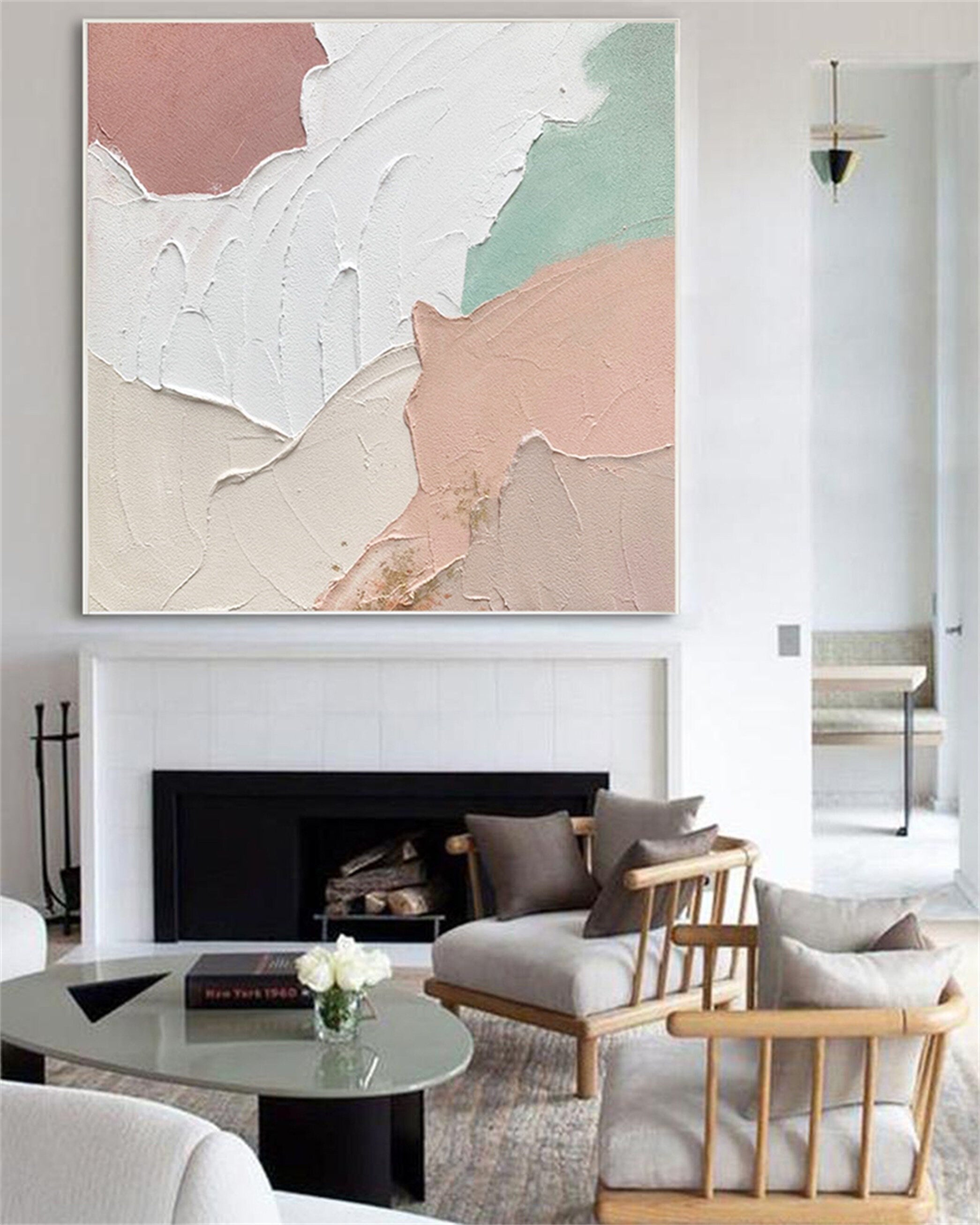 Abstract art pink decorative hanging painting mural vertical version large size hand painted oil painting