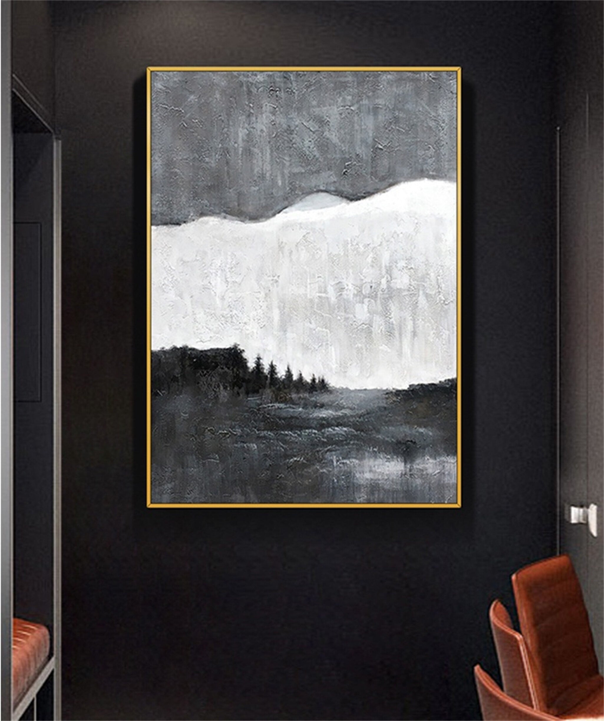 Hand painted minimalist black and white decorative painting living room bedroom hanging painting evening forest