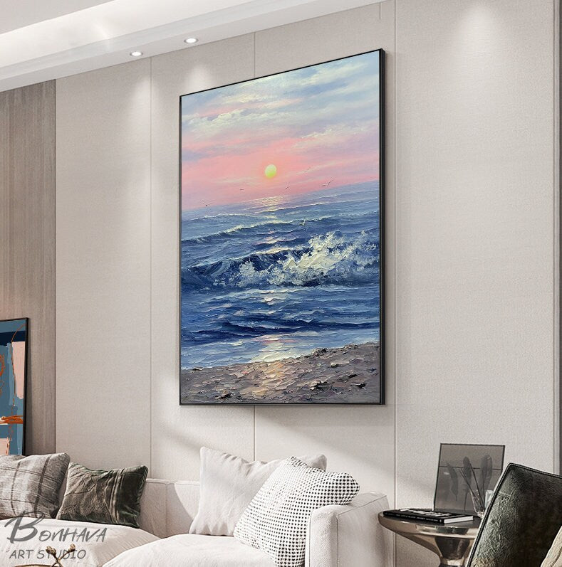 Seascape Acrylic, Ocean Wall Art, Sunset Painting Abstract Modern, Large Original Oil Painting, Oversized Abstract Textured…