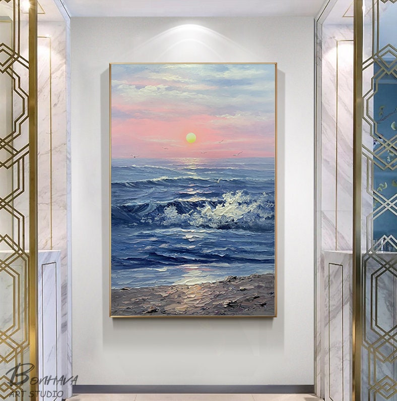 Seascape Acrylic, Ocean Wall Art, Sunset Painting Abstract Modern, Large Original Oil Painting, Oversized Abstract Textured…
