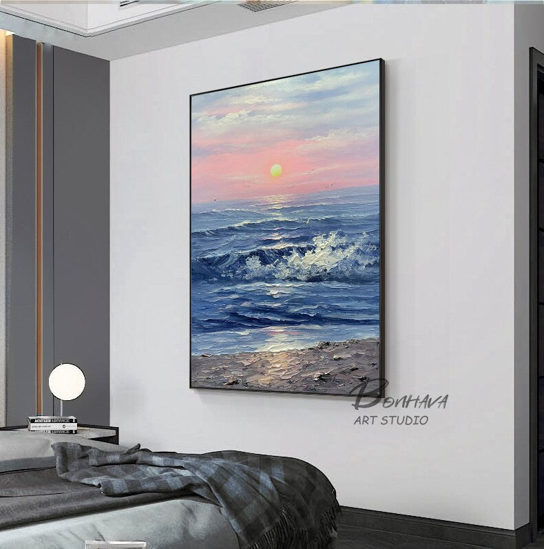 Seascape Acrylic, Ocean Wall Art, Sunset Painting Abstract Modern, Large Original Oil Painting, Oversized Abstract Textured…