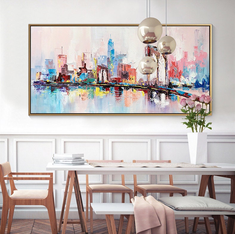 Large City Skyline Wall Art, New York City, Abstract Cityscape Oil Painting, Modern City Canvas Painting