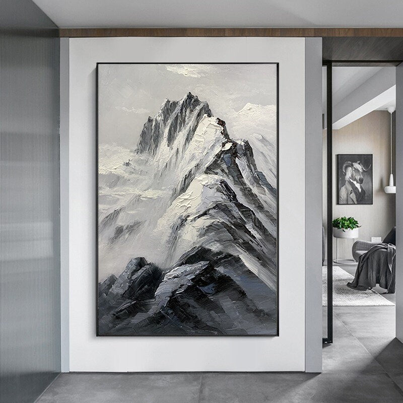 Abstract Mountain Wall Art, Mountain Oil Painting, Canvas Art Mountain, Black and White Wall Art, Original Oil Painting