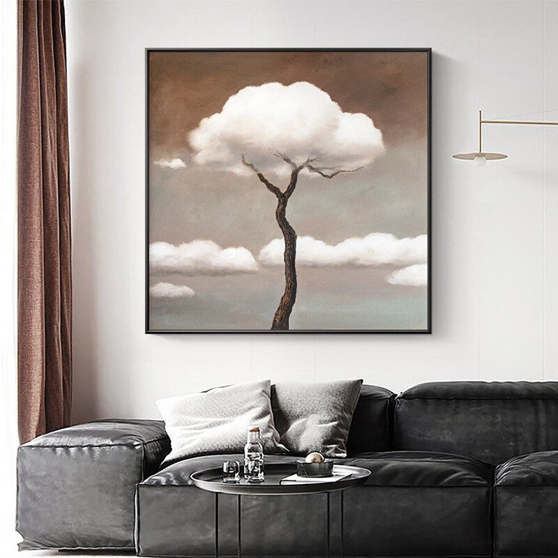 Original Surreal Oil Painting, Tree and Clouds Abstract Painting, Large Abstract Wall Art, Surrealism Canvas Painting