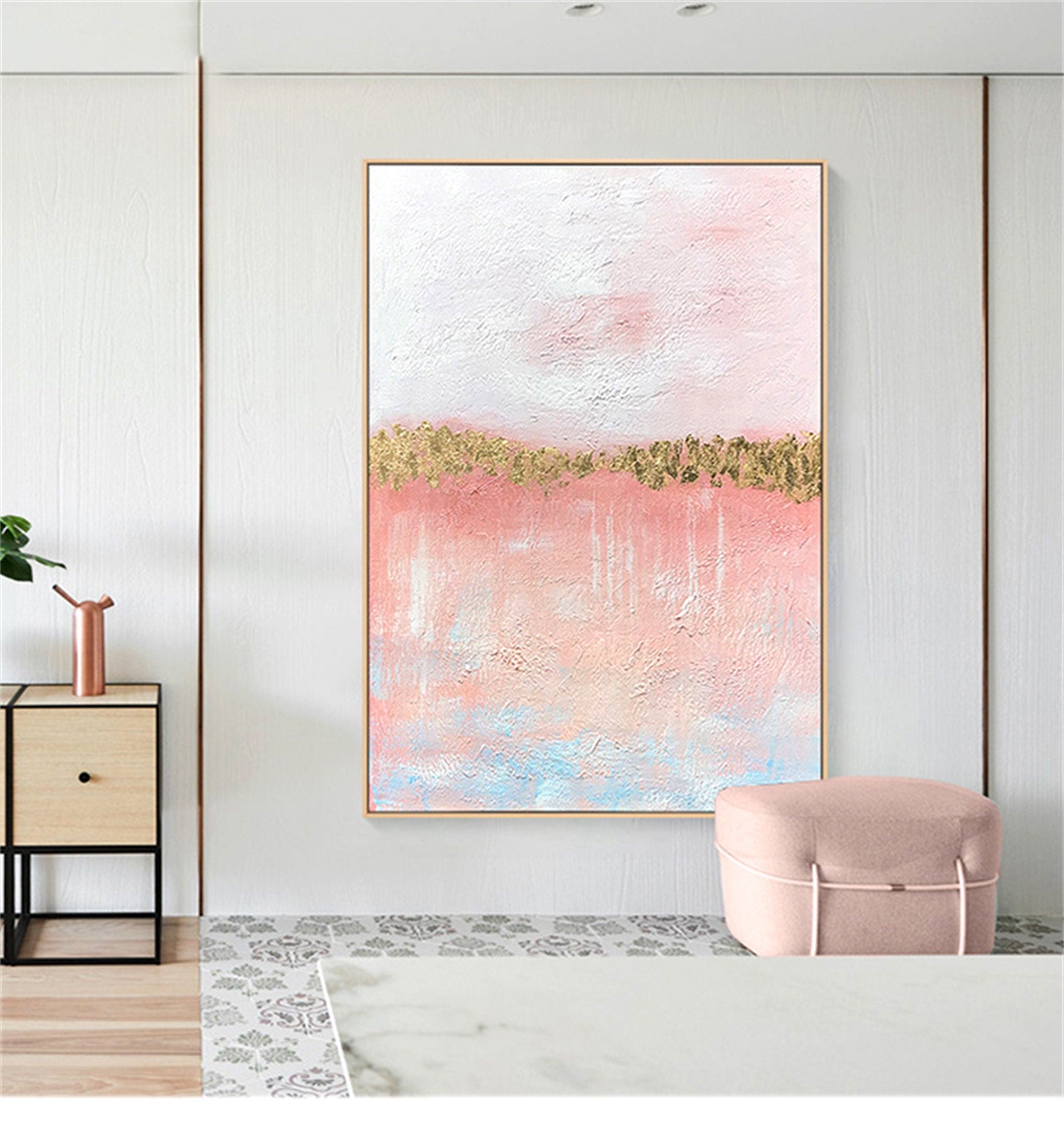 Abstract art pink decorative hanging painting mural vertical version large size hand painted oil painting
