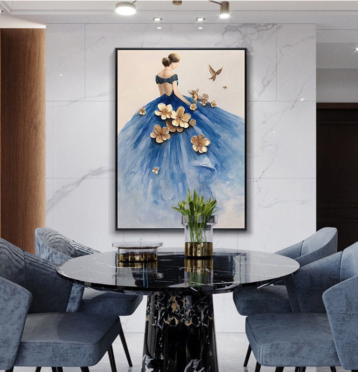 Abstract Dancer Painting, The Woman in Blue Dress Painting, Blue Canvas Wall Art, Blue Oil Painting on Canvas