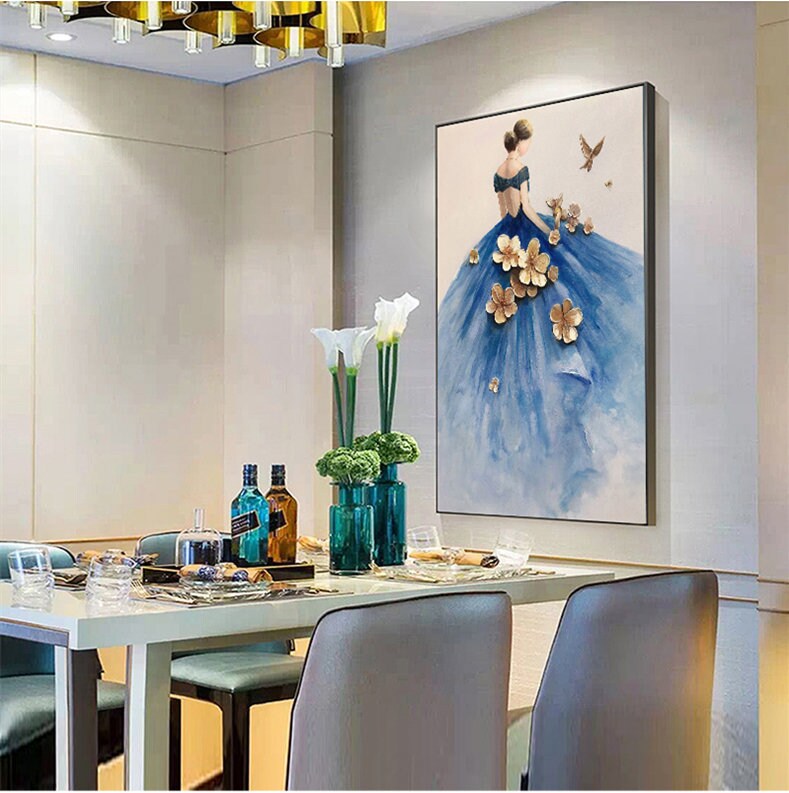 Abstract Dancer Painting, The Woman in Blue Dress Painting, Blue Canvas Wall Art, Blue Oil Painting on Canvas
