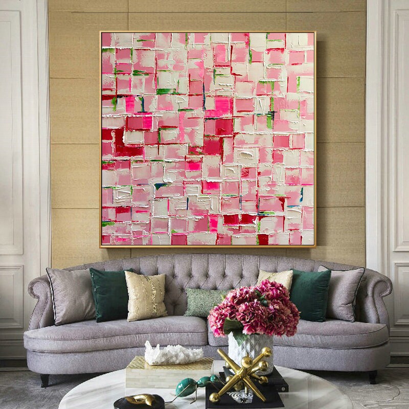Pink Wall Art, Pink Abstract Painting on Canvas, Acrylic Canvas Art, Pink Extra Large Canvas Wall Art