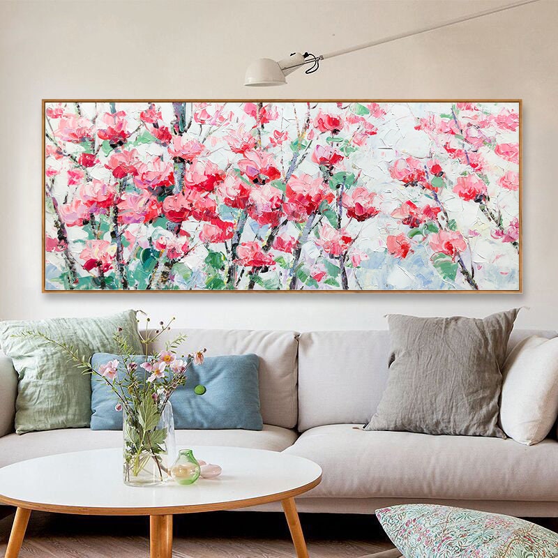 Large Abstract Floral Painting, Flower Oil Painting on Canvas, Origianl Floral Canvas Wall Art, Living Room Wall Art