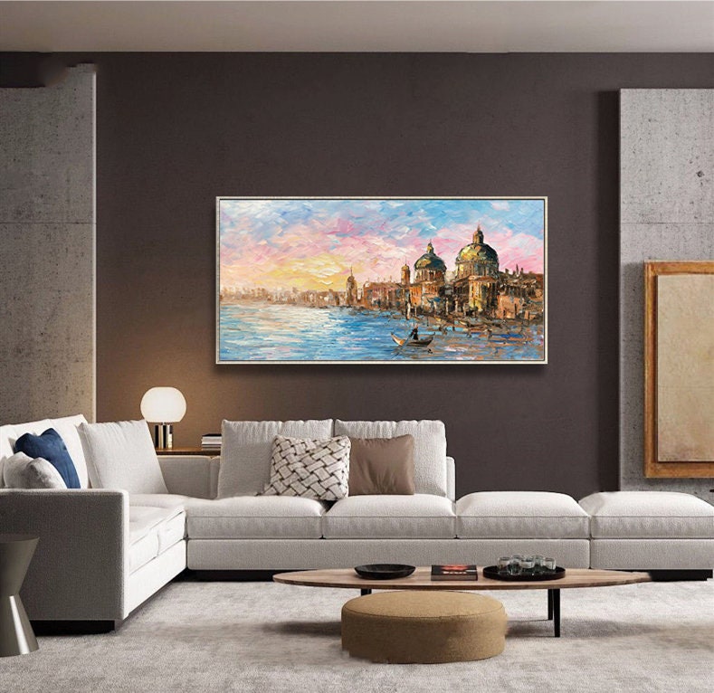 Large Venice Painting Original, Sunrise Venice Oil Painting on Canvas, Abstract Landscape Wall Art, Impressionist Bedroom…
