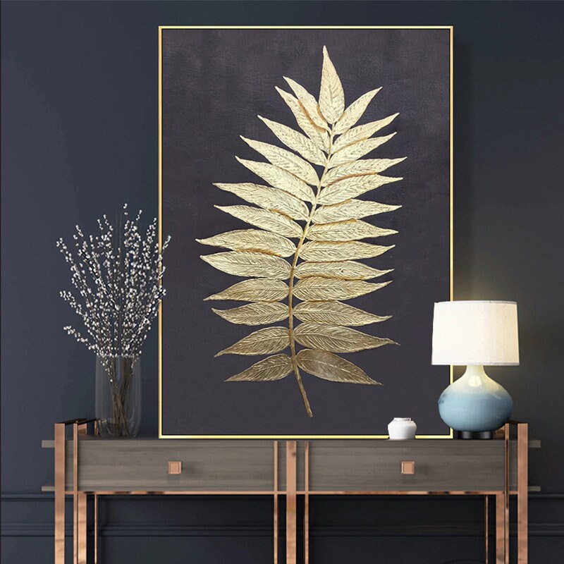 Gold Leaf Wall Art, Botanical Canvas Wall Art, Extra Large Abstract Art, Golden Canvas Painting, Original Abstract Painting