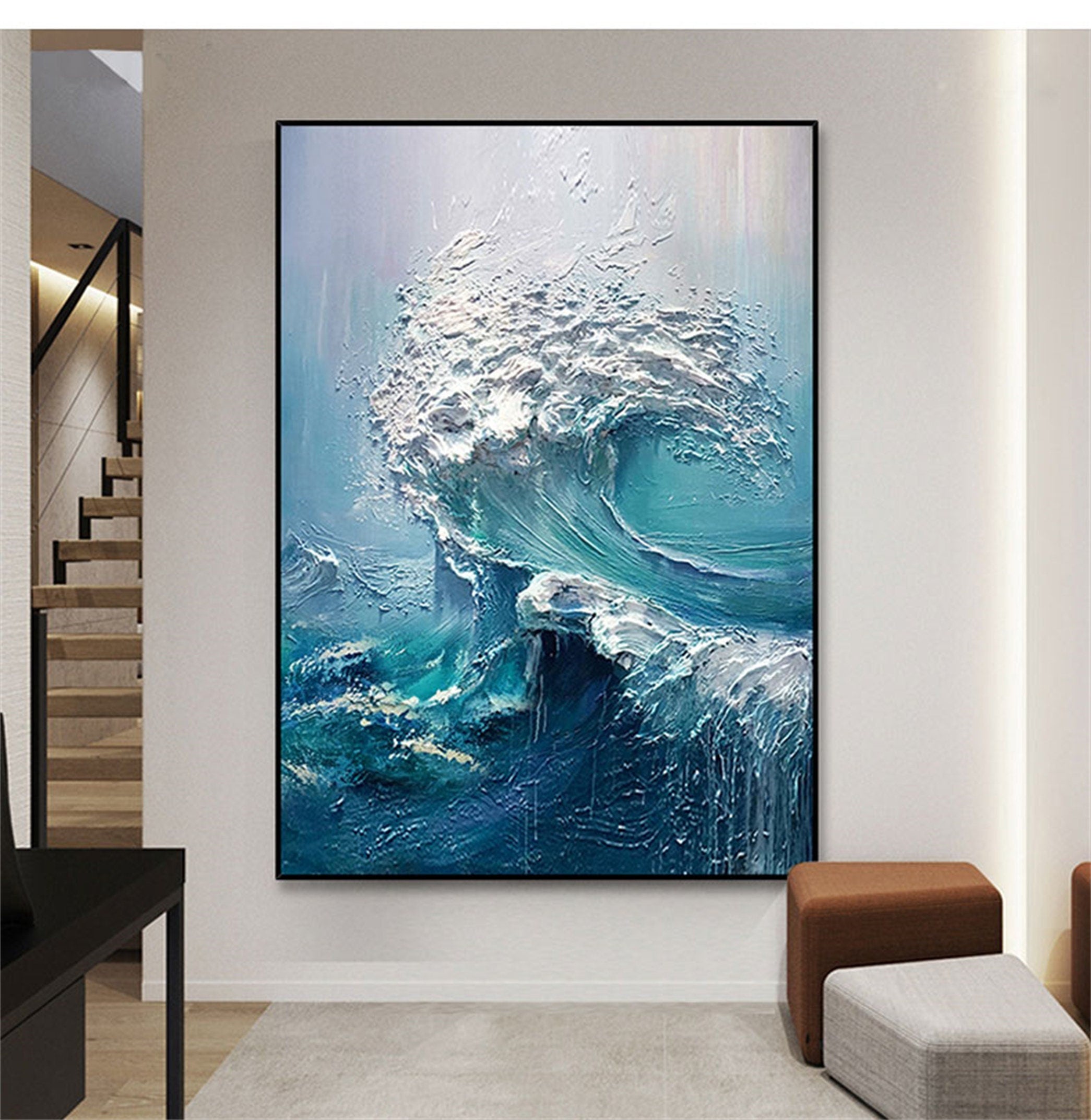 Abstract Ocean Waves Painting, Texture Waves Painting on Canvas, Seascape Canvas Wall Art, Blue Abstract Painting