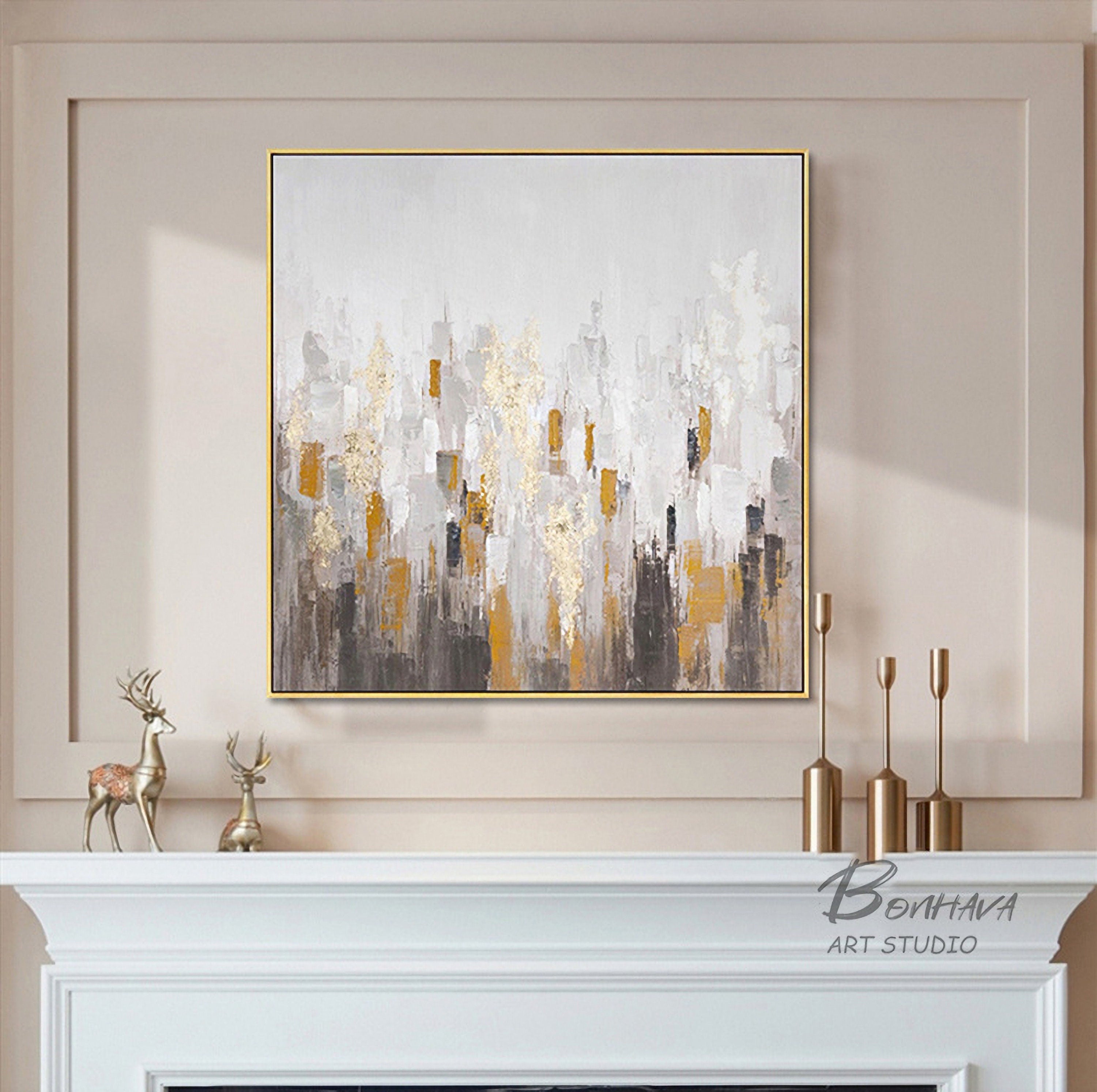 Abstract Golden Canvas Wall Art: Modern Painting Hand Painted Artwork on Canvas for Living Room (24'' x 24'')