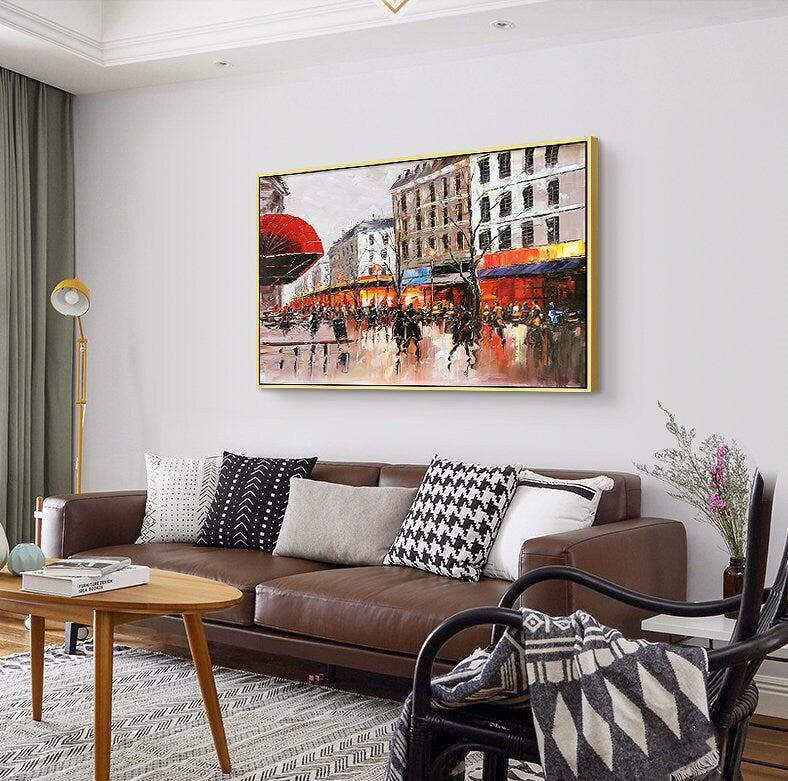 Large Original Paris Oil Painting on Canvas, Abstract Paris City Wall Art Canvas, Landscape Acrylic Canvas Painting