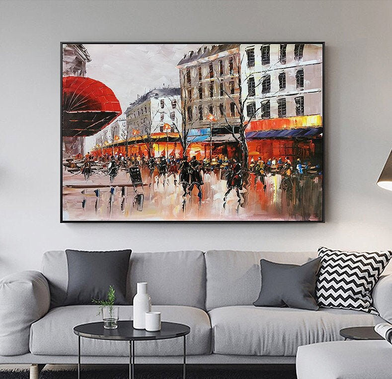 Large Original Paris Oil Painting on Canvas, Abstract Paris City Wall Art Canvas, Landscape Acrylic Canvas Painting