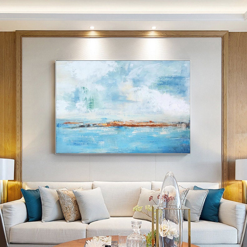 Extra Large Abstract Art, Light Blue Ocean and Sky Canvas Wall Art, Original Oil Wall Painting