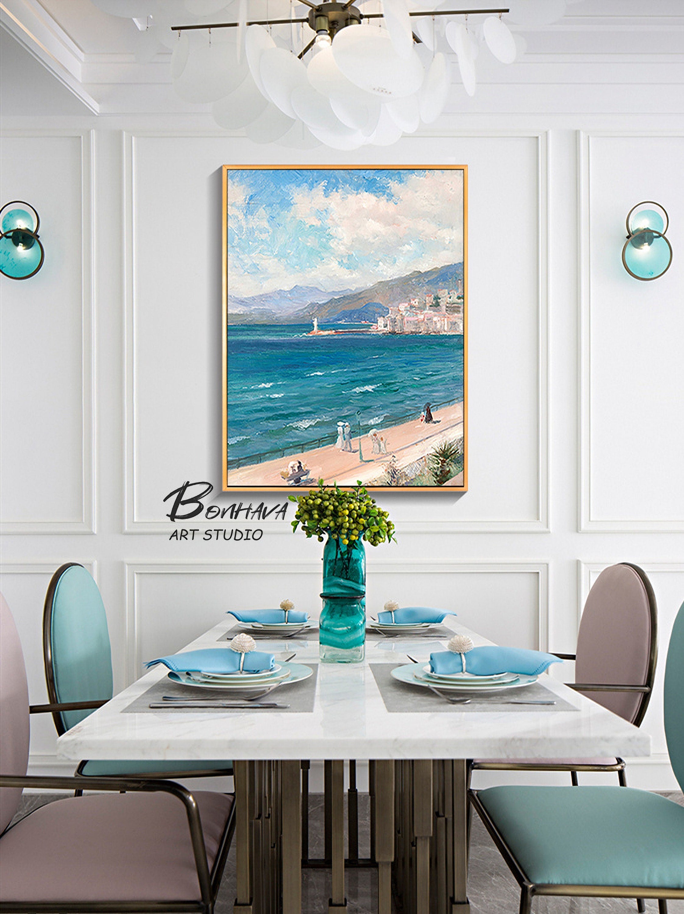 Seashore Artwork Coastal Wall Art: Abstract Beach Art Oil Painting on Canvas for Room Decoration (28'' x…