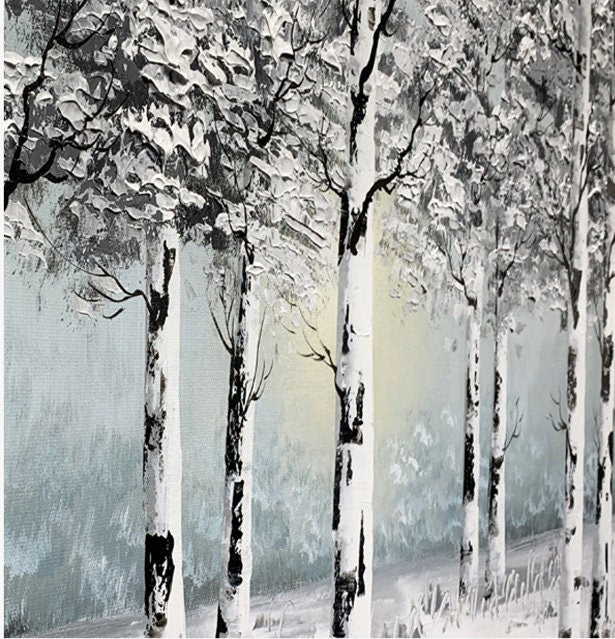 Original Birch Branch Art, Snow Scene Oil Painting on Canvas, Extra Large Forest Canvas Wall Art, Black and Grey Painting