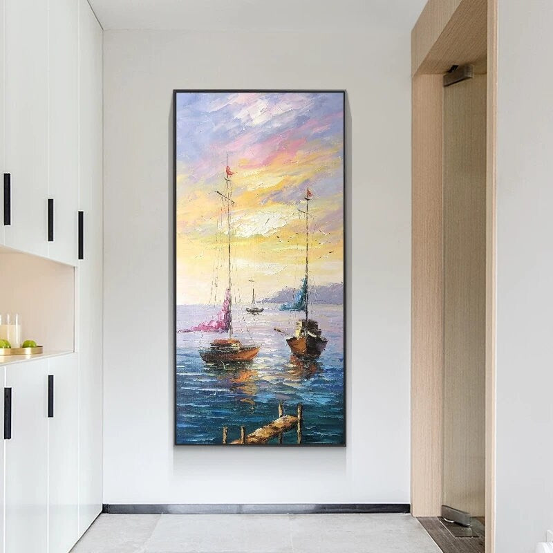 Sailboat sea view hand painted decorative painting corridor corridor landscape oil painting