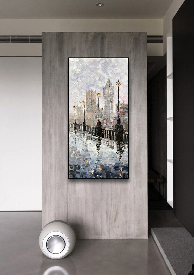 London Abstract Wall Art, Large Cityscape Canvas Wall Art, Original Landscape Acrylic Painting on Canvas
