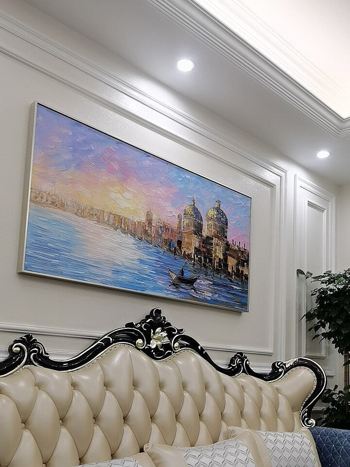 Large Venice Painting Original, Sunrise Venice Oil Painting on Canvas, Abstract Landscape Wall Art, Impressionist Bedroom…