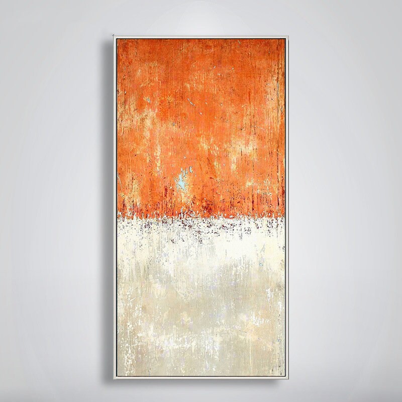 Large Abstract Acrylic Painting on Canvas, Minimalist Wall Art Canvas, Original Orange and White Abstract Canvas Art