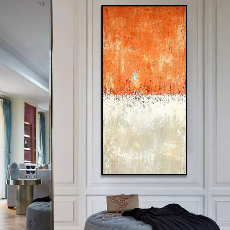 Large Abstract Acrylic Painting on Canvas, Minimalist Wall Art Canvas, Original Orange and White Abstract Canvas Art