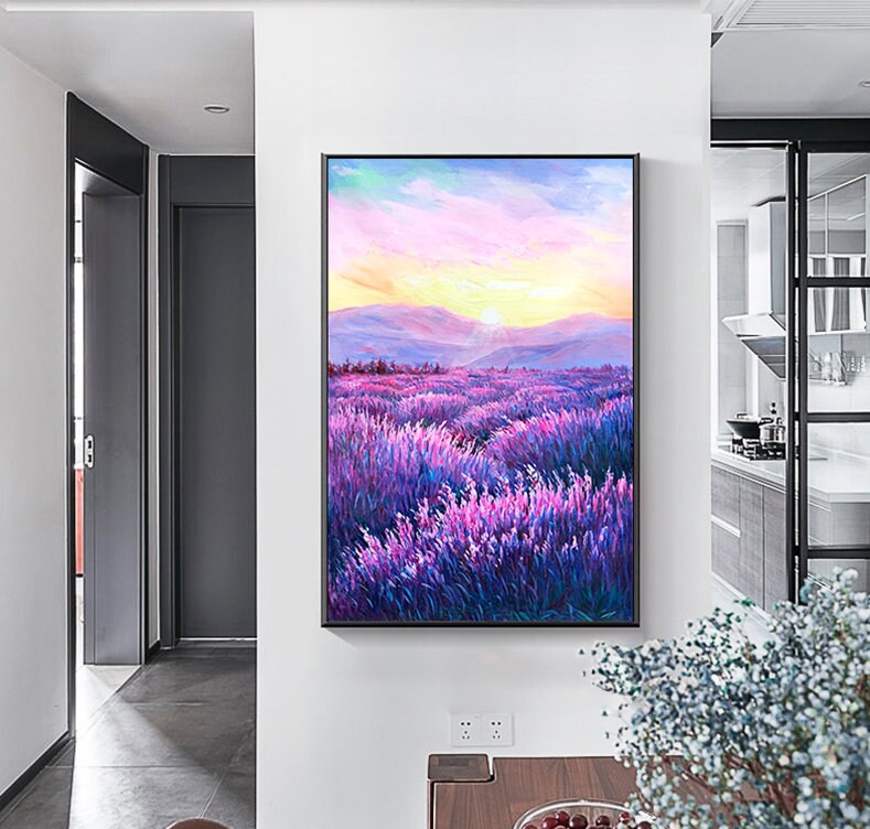 Lavender Canvas Wall Art, Original Purple Oil Painting on Canvas, Impressionist Painting, Landscape Wall Art